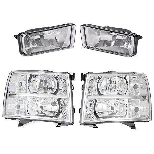 G-PLUS Pair Clear Headlight + Fog Light Set Chrome Compatible for Chevy Silverado 1500 2500HD 3500HD 07-14