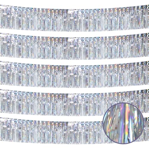 Image of 5 Pack 10 Feet Silver Fringe Garland Foil Fringe Garland Metallic Tinsel Streamers Fringe Backdrop Banner for Parade Floats Birthday Party Decorations Halloween Christmas Decor