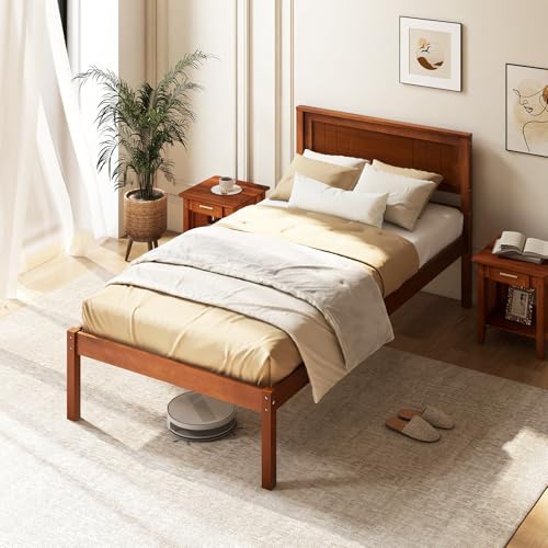 Image of GIANTEX Twin Bed Frames with Headboard, Solid Wood Platform Bed with Wood Slat Support, Single Bed with 16 inch Under Bed Storage, Twin Bed Frames for Kids Adults Guests, Easy Assembly, Walnut