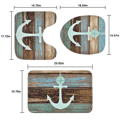 4 Piece Anchor Shower Curtain Sets with Non-Slip Rugs, Toilet Lid Cover and Bath Mat, Nautical Anchor Rustic Wood Shower Curtain with 12 Hooks, Waterproof Shower Curtain - Image 7
