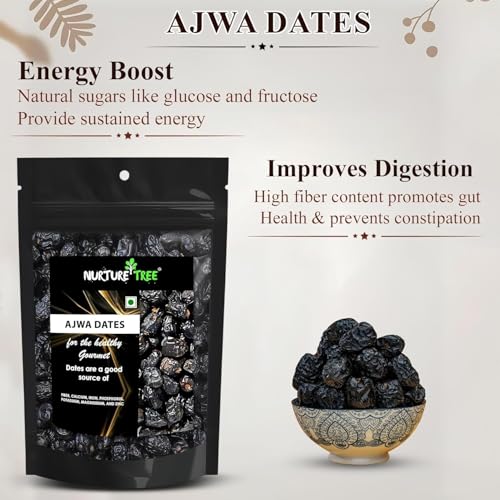Image of Nurture Tree Premium Saudi Ajwa Dates (Khajoor /Khajur) 200g, Pack of 2 100% Natural Soft and Delicious Arabian Dates in Fresh, Khajur Dry Fruits, No Artificial Colours, Gluten Free, No Added Sugars