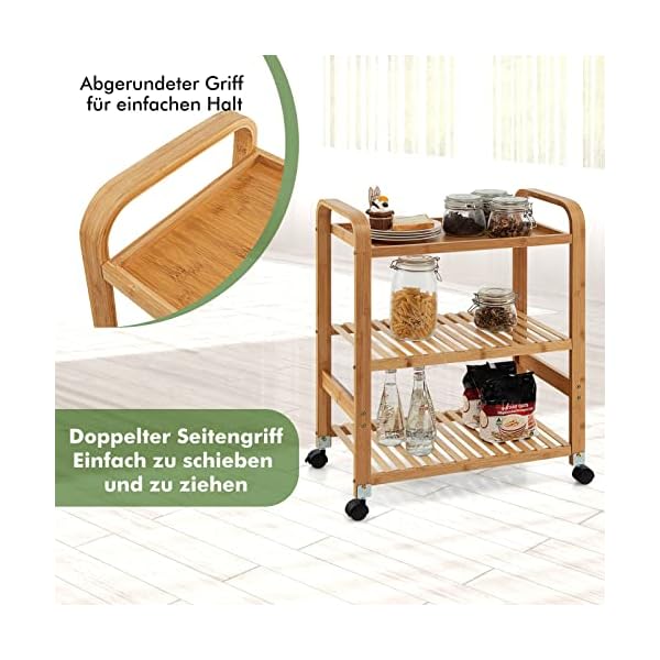 COSTWAY Servierwagen Bambus auf Rädern, Küchenwagen mit 3 Ablagen & Griffen, Lagerregal mit abnehmbarem Rollen, Rollwagen für Küche Flur Bad, Mobiler Allzweckwagen, 58 x 33 x 76 cm – Bild 5