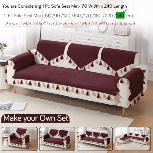 Image of HOKIPO Sofa Cover Mat with Tassel for 1 /2 /3 Seater & L Shape Sofa | DIY Sofa Cover Set | Dyed Holland Velvet | 'TasselTone Series' 70(W) x 240(L) cm |Wine Red (IN-1111-MRN)