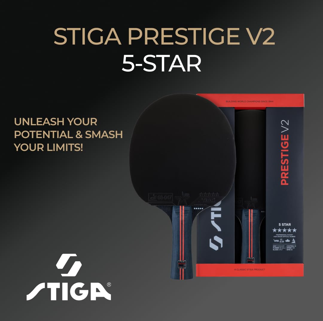 STIGA Rakieta do tenisa stołowego Prestige V2 – 5-gwiazdkowa profesjonalna rakietka do prędkości i mocy, powłoka Star 5, dopuszczona do użytku przez ITTF, gąbka 2,0 mm, technologia ACS i WRB, 5