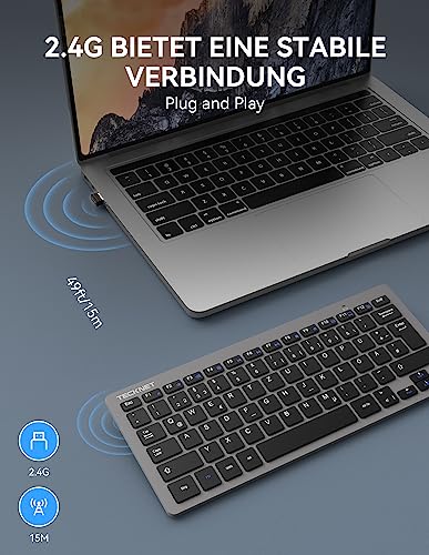 TECKNET Slim Kabellose Tastatur, Deutsches Layout QWERTZ, 2.4 GHz, 78 Tasten Mini Wireless Tastatur mit Nano USB Empfänger für Windows 11/10/8/7/Vista/XP and Android Smart TV - Grau 2