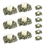 6Pcs Christmas Candle Rings Wreaths, Small Christmas Wreath with Glasses and Plastic Candles with Snowy Pinecone&Red Berry, Mini Candle Holders for Table Centerpiece (6, Silver)