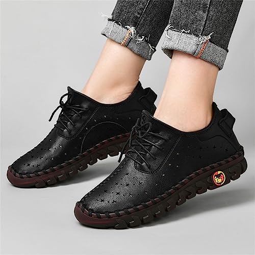 Image of Women'S Hollow Leather Lace Up Flat Loafers,Lightweight Breathable Casual Comfort Non-Slip Walking Shoes Handmade Beef Tendon Soft Sole Mom Nurse Shoes