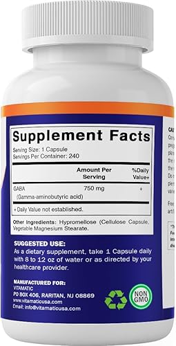 Miniatura 8 de Vitamatic GABA (ácido gamma aminobutírico) 750 mg, 240 cápsulas vegetales, 240 porciones - Sin OMG, sin gluten