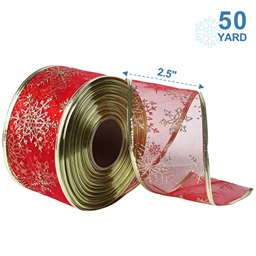 Arquiel 2.5" X 50 Yards Christmas Ribbon Wired, Glitter Snowflakes Ribbons Ornaments For Gift Wrapping Bow Diy Crafts Xmas Tree Decoration, Red Organza #TOP1