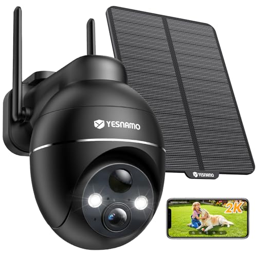 Camara Vigilancia WiFi Exterior Solar 2K sin Cables, YESNAMO Camara Solar con Batería Recargable, 360° PTZ Visión Nocturna Color, Sensor Movimiento PIR, IP66, Sin Suscripción (Negro)