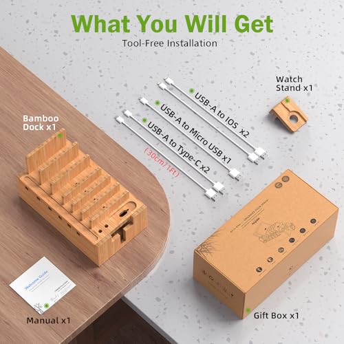 Pezin & Hulin Bamboo Charging Station for Multiple Devices, Wood Desktop Docking Organizer for Cell Phone, Tablet, Watch, Office Accessories (Dock +Cables) by Pezin & Hulin - Image 4
