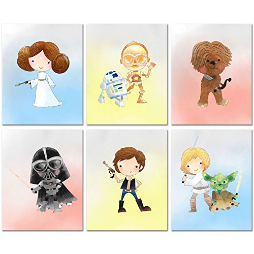 Star Wars Nursery Decor Prints - Set of 6 (8 inches x 10 inches) Watercolor Original Art Photos - Princess Leia R2D2 CP3O Chewbacca Han Solo Darth Vadar Luke Skywalker Yoda