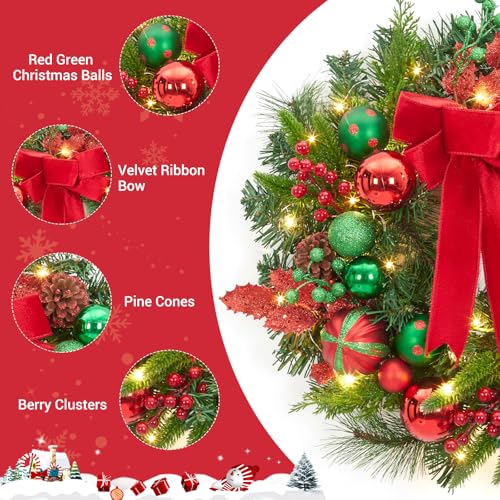 GarveeHome Pre-Lit Christmas Wreath for Front Door, 22 Inch Large Outdoor Christmas Wreath, Battery Operated Lighted Xmas Wreath with Red Green Balls Velvet Ribbon for Fireplace Window Wall Decor