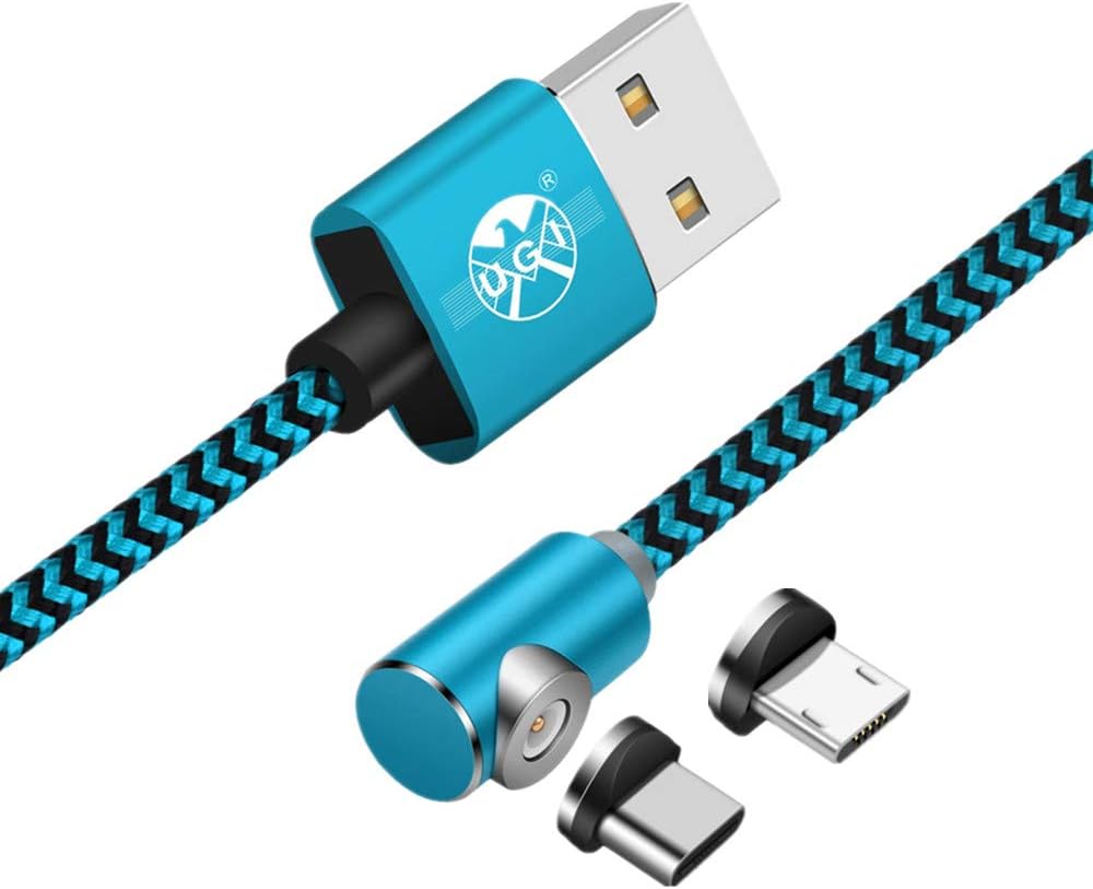 10FT/3M Nylon Braided Magnetic Charging Cable with 1 Android Connector and 1 Type C Connector 90 Degree Right Angle Magnet Round Head USB 2.0 A to Micro B + USB-C 2 in 1 Charger Cord - Blue