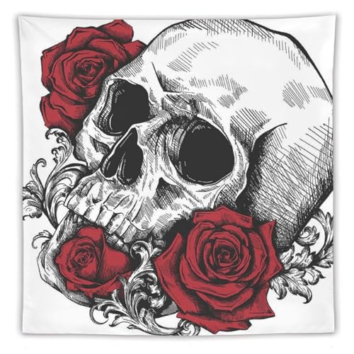 Tapisserie tête de mort avec roses JiuPopular pour déco de salon