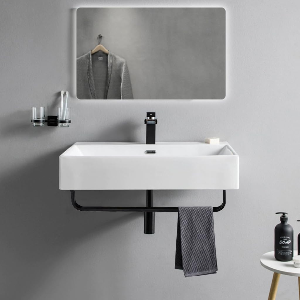 Modern White Ceramic Vessel Sink Wall Mounted Above Counter Bathroom Vanity Sink with Towel Rack and Overflow, 20x14 Inch Large Rectangular Porcelain Art Wash Basin for Rvs, Restroom