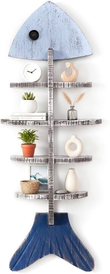 Nautical Fish Bone Wall Shelf, Wooden Coastal Wall Decor with 8 Storage Compartments, Ocean Theme Fish Skeleton Wall Mounted Shelf for Plants, Candles, Keys, Beach House Bathroom Living Room Decor