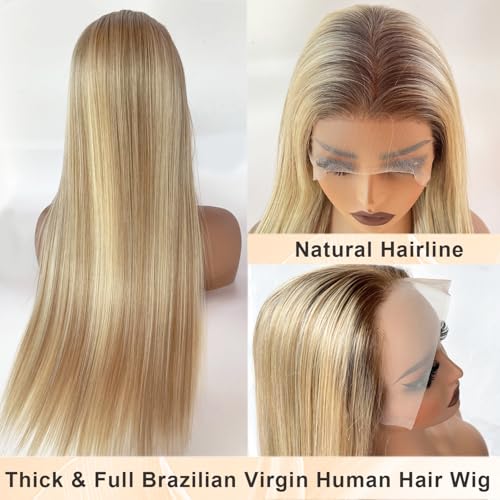 Image of Ombre Blonde Highlight Lace Front Wig Human Hair for White Women, 180% Density 13x6 Lace Frontal Pre Plucked with Baby Hair Straight Natural Real Remy Wear and Go Glueless Wigs 16 Inch