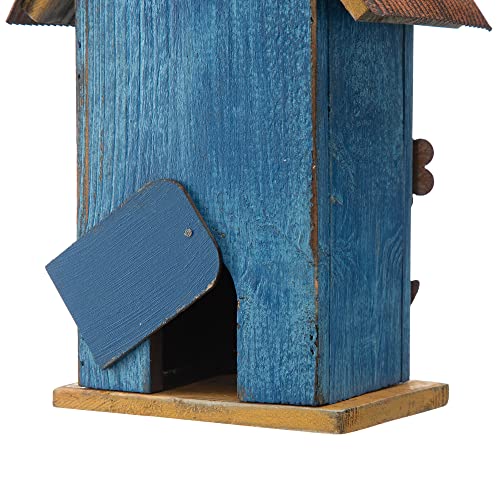 Glitzhome 10.2" H Hanging Bird House For Outdoor Patio Garden Decorative Birdhouse Pet Cottage Distressed Wooden Birdhouse, Flower Rustic Blue #TOP7