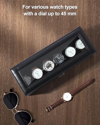 Image of Uten Watch Box, 6 Slots Watch Case, Watch Organizer Jewelry Storage with Large Glass Lid, Black Lining, Watch Display Box for Men & Women Gift