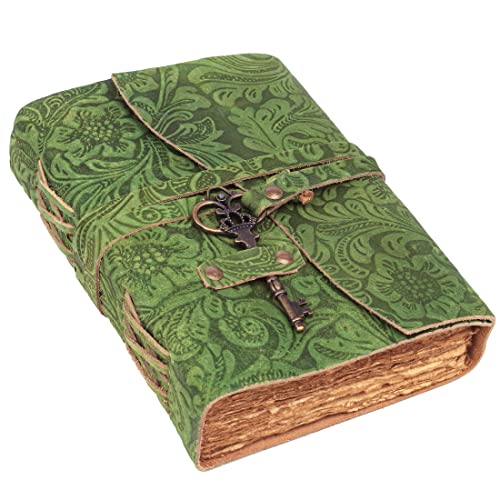 SH SHIFAA HANDICRAFT Leather Journal - Antique Handmade Deckle Edge Vintage Paper Leather Bound Journal - Book of Shadows Journal - Leather Sketchbook - Drawing Journal - Great Gift (Green) (8x6)