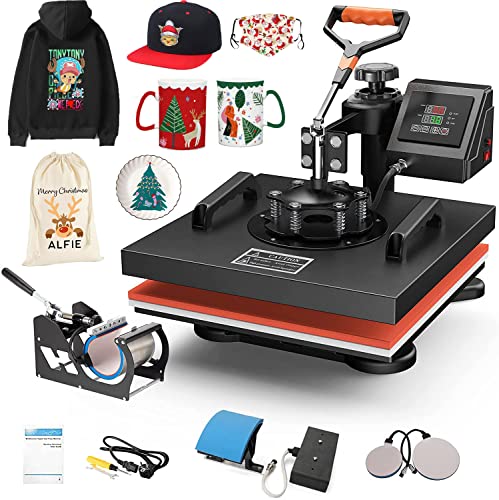 Heat Press Machine, 15x15 Inch 5 in 1 Heat Transfer Machine with 360-degree Swing Arm, Digital Multifunctional Sublimation Heat Press Transfer Machine for T Shirts Cap Mug Hat Plate HTV Vinyl Projects