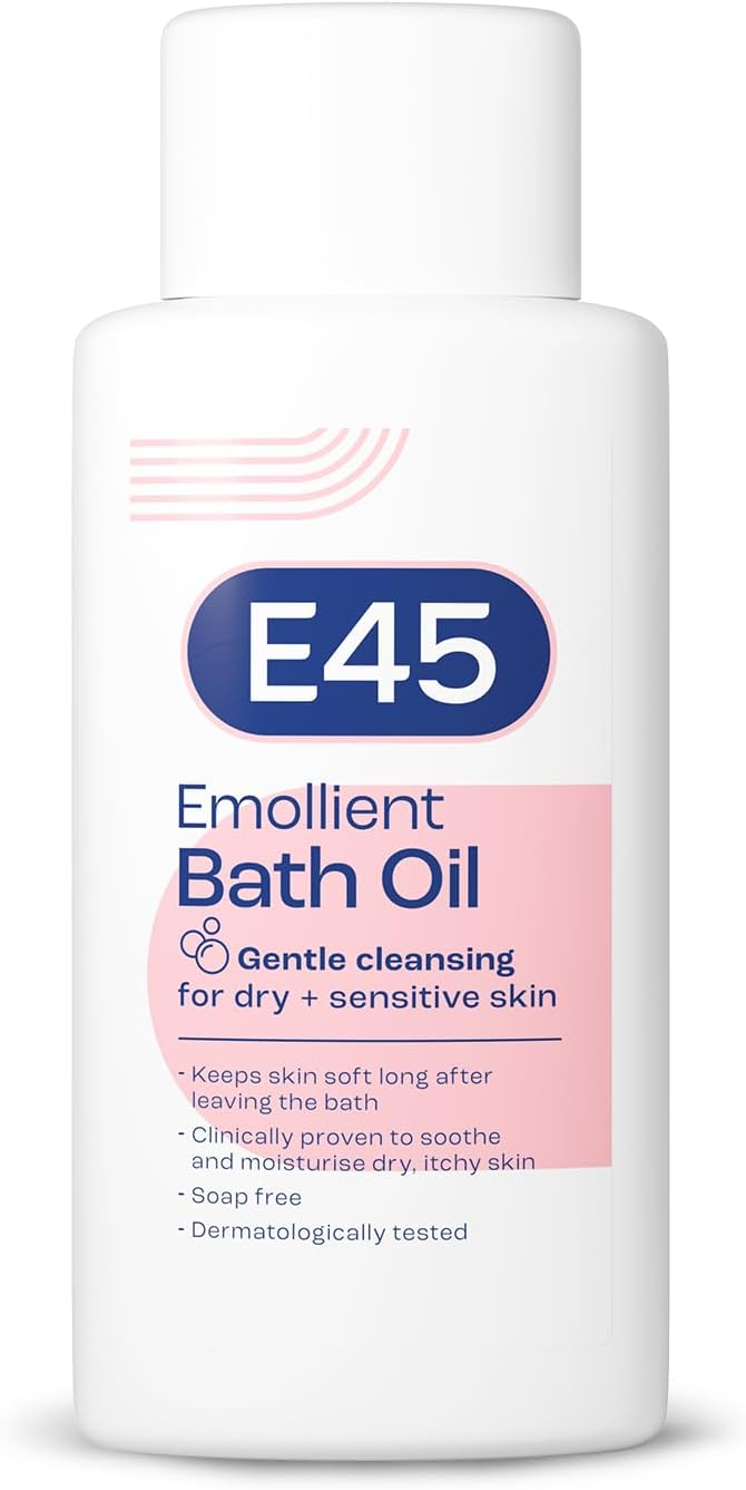 E45 Bath Oil 500 ml – E45 Bath Oil Emollient to Moisturise & Hydrate Dry Skin – Gently Cleanses for Soft Skin – Soap Free & Perfume Free Emollient Bath & Shower Oil Body Wash – Dermatologically Tested