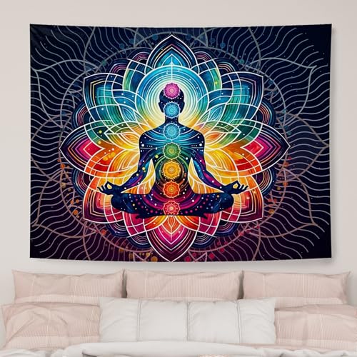 AQYIP Seven Chakra Zen Tapestry, Abstract Yoga Meditation Spiritual Tapestry Decorative, Colorful Mandala Indian Hippie Wall Tapestries Blanket Decor for Yoga Room Zen Office, 50x60 Inch