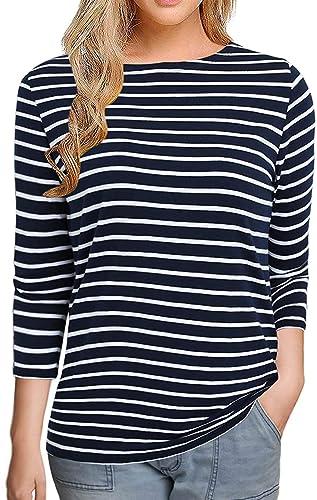 Remidoo Women Boat Neck Striped T-Shirt Short Sleeve / 3/4 Sleeve/Long Sleeve Tees Slim Fit Blouses Tops