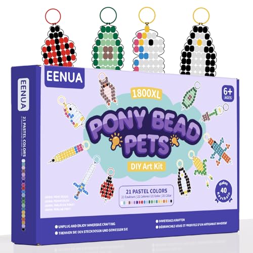 Eenua Pony Bead Pets Keychain Making Kit 1800 Beads in 21 Colors 40 Fun Designs DIY Craft Set with Keychains Elastic Cord Storage Box Perfect Christmas Birthday Party Gifts for Beginners