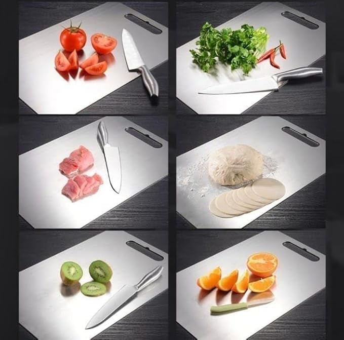 Image of karomouj Stainless Steel Chopping Board with Anti-Cut Safety Gloves | Premium 304 Food Grade Steel Cutting Board | Non-Porous, Double-Sided Kitchen Chopping Board for Meat, Vegetables & Fruits