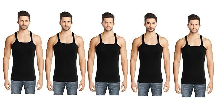 Image of INNERO Men's Black Gym Vest Cotton Regular Fit Sleeveless Banyan