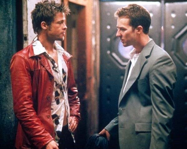 Fight Club Brad Pitt In Red Leather Jacket Faces Edward