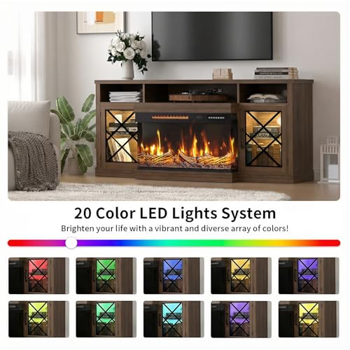Image of BREEZEHEAT Fireplace TV Stand for TVs up to 75 inch, 3-Sided Electric Entertainment Center with 30 inch LED Fireplace, Media Console w /Storage Cabinet & Glass Doors, 65Inch, Walnut