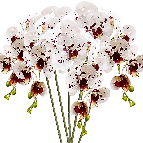 HinyoCo 5 Künstliche Phalaenopsis-Blumen,80 cm Künstliche Orchidee Blumen, Party, Büro, Terrasse, Hof, Heim-Blumendekoration (Weiß mit Flecken)