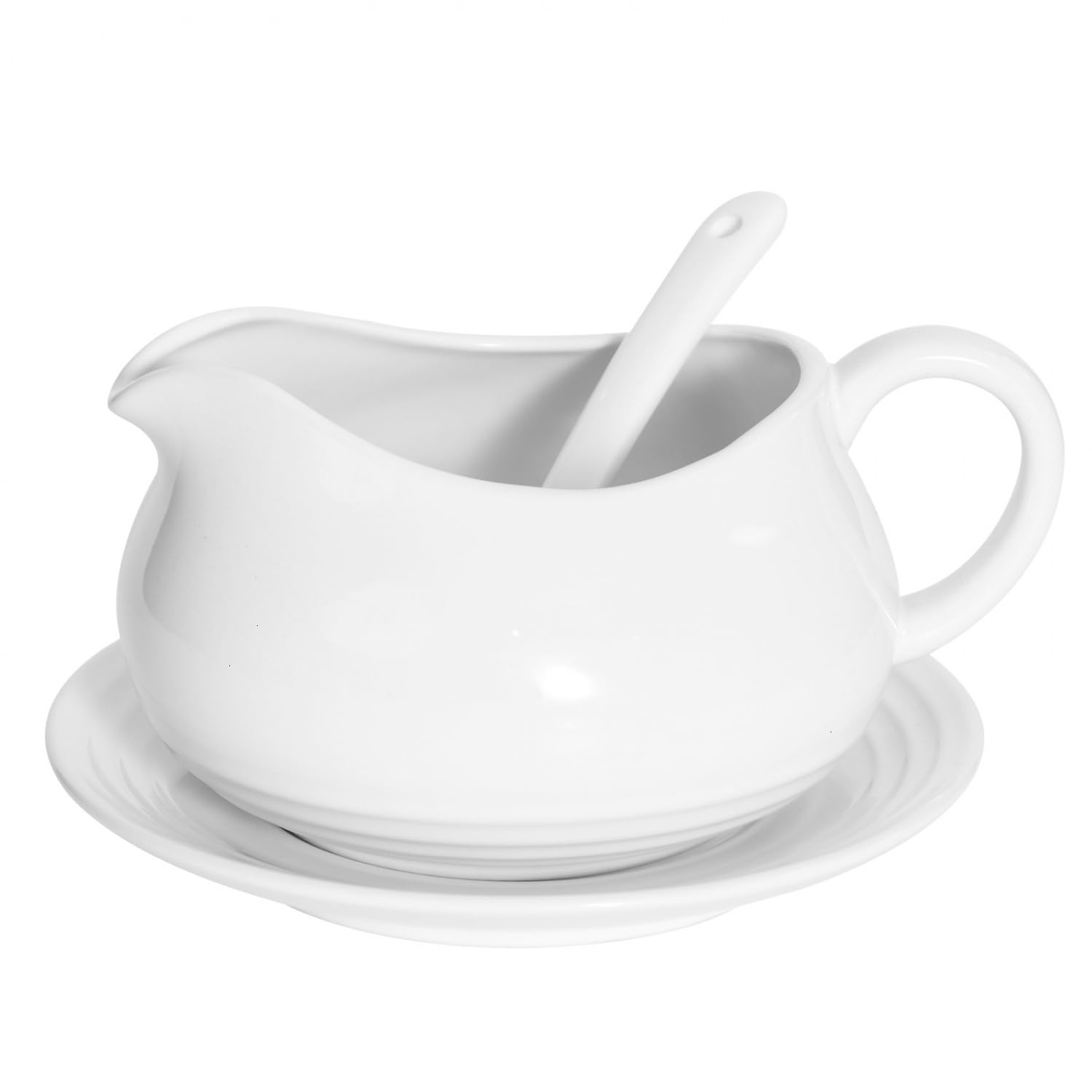 24 Oz Gravy Boat with Ladle and Saucer, Ceramic White Gravy Dish, Porcelain Saucier With Dripless Lip Spout For Gravy, Warming Sauces, Salad Dressings, Milk & More - Microwave & Freezer Safe