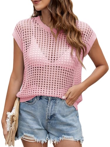 Image of Womens Summer Crochet Tops Hollow Out Cap Sleeve Cover Up Tank Top Pullover Sweater Vest Beach Vacation Clothes