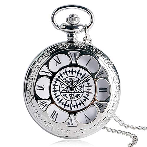 WRENDYY Pocket Watch Antique Hollow Pocket Watch Kuroshitsuji Black Magic Pattern Design Casual Pendant Quartz Men Women Necklace Gift,Silver