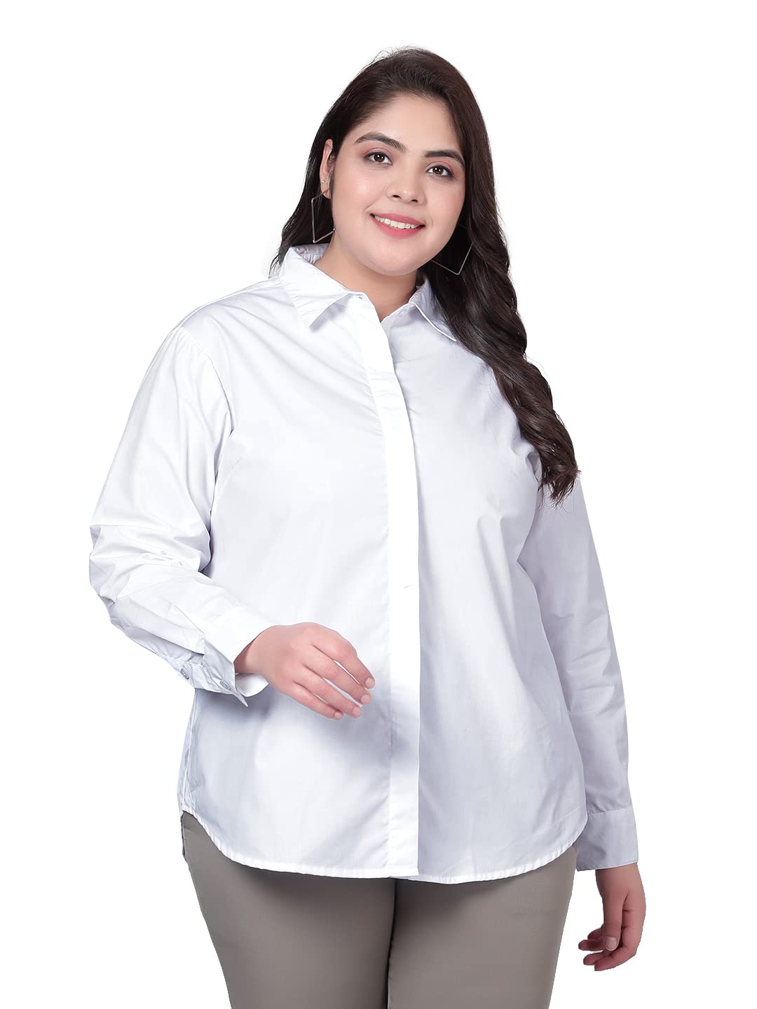 indietoga Women's Solid Longline Cotton Formal Casual Shirts (Plus Size)-picture-52