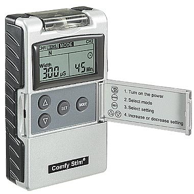 Biotronix Comfy Stim EV-806 device with its flip-top cover open, showing the LCD screen and control buttons, along with basic operating instructions printed on the inside of the cover.