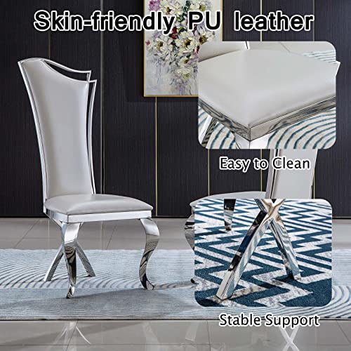 Binrrio Modern Dining Chair Set Of 6 Luxury Upholstered Leatherette Dining Side Chair Vanity Chair Living Room Chairs W/Harp Back & Stainless Steel Legs For Kitchen Dining Room Bedroom (White&Silver) #TOP4