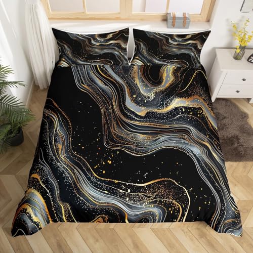 Homewish Housse de Couette Marbre Parure de Lit 220x240 Adulte Marbrure Abstraite Noir et Or pour Enfant Ado Femme, Sets de Housses de Couettes Motif en...