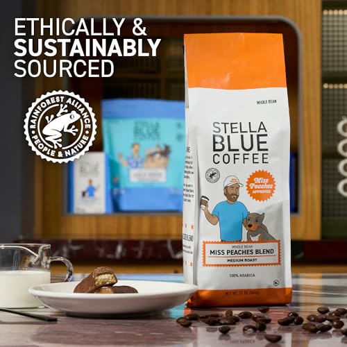Stella Blue Whole Bean Coffee, Miss Peaches Blend, Medium Roast Citrus Caramel, Fruity Notes 100% Arabica Beans, Ethically Sourced from Central and South America, Smooth Balanced, 12oz Bag