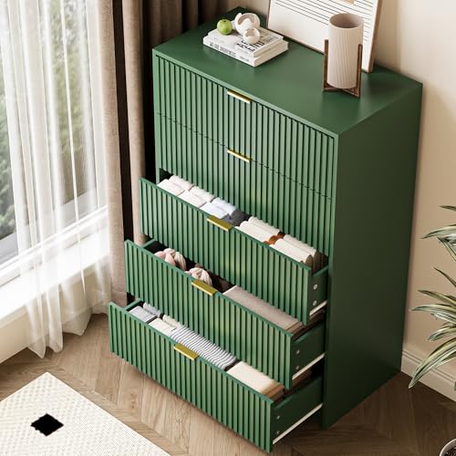 Image of MAISONARIA 5 Drawer Dresser for Bedroom, Tall Dresser Chest of Drawers with Gold Handles, 32 Inch Wide Nightstand with for Bedroom, Living Rooms, Offices, and Entryways, Green