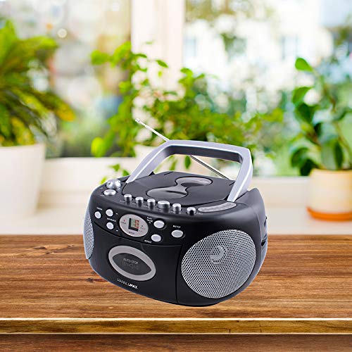 HANNLOMAX HX-323CD Portable CD Player, AM/FM Radio, Cassette Recorder, Records from CD or Radio, Aux-in Jack, Headphone Jack, AC/DC Dual Power Source. (Black)