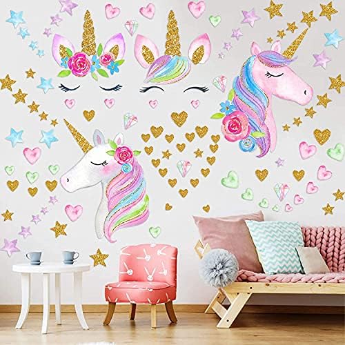 4 Sheets Unicorn Wall Decals Stickers for Girls Room,Large Size Unicorn Wall Sticker Decor for Gilrs Kids Bedroom Birthday Party…