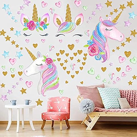 4 Sheets Unicorn Wall Decals Stickers for Girls Room,Large Size Unicorn Wall Sticker Decor for Gilrs Kids Bedroom Birthday Party… Cover