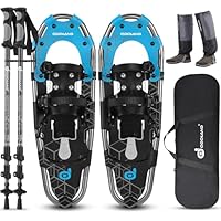 Odoland Schneeschuhe mit Steighilfe Allround 4 IN 1 für Damen und Herren mit Wanderstöcken, Wasserdichten Gamaschen und Tragetasche, ab Schuhgröße 30 INCH Blau + Schwarz