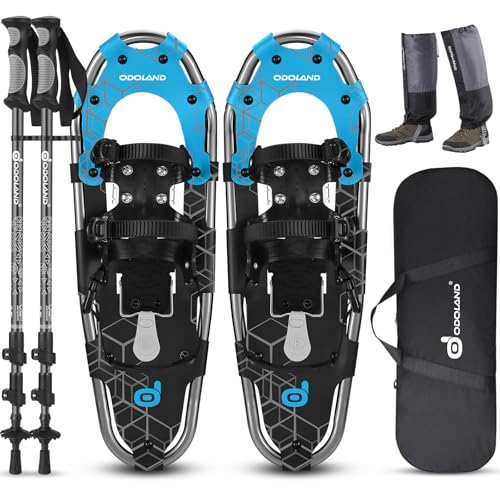 Odoland Raquetas de Nieve Juego 4 en 1 para Hombres y Mujeres, Raquetas Nieve Ajustables con Bastones de Trekking, Polainas de Pierna Impermeables y Bolsa de Transporte, Negro Azul, L