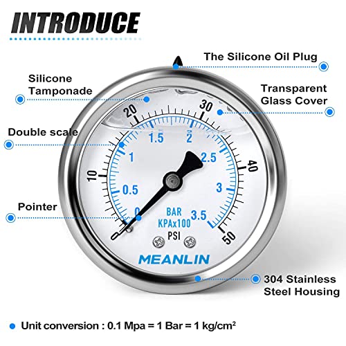 Image of MEANLIN MEASURE 0~50Psi Stainless Steel 1 /4 inch NPT 2.5 inch FACE DIAL Liquid Filled Pressure Gauge WOG Water Oil Air Center Back Mount, with 1 /2 inch NPT and 1 /4 inch x 3 /8 inch NPT Hex Bushing